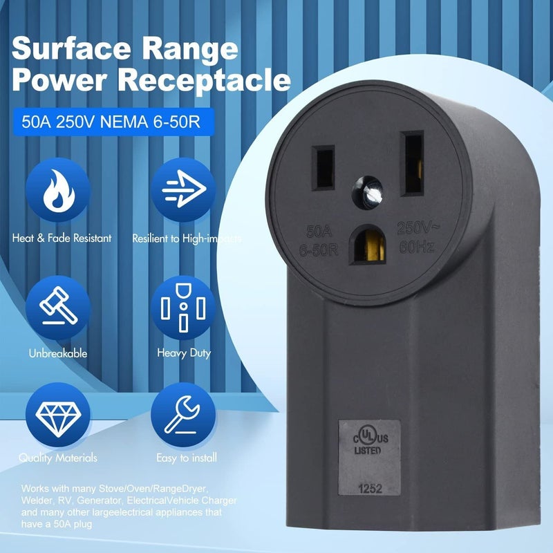 micmi NEMA 6-50R Receptacle 2-Pole 3-Wire Surface Mount Power Receptacle 250V 50A UL Listed, Black (NEMA 6-50R) - Image 2